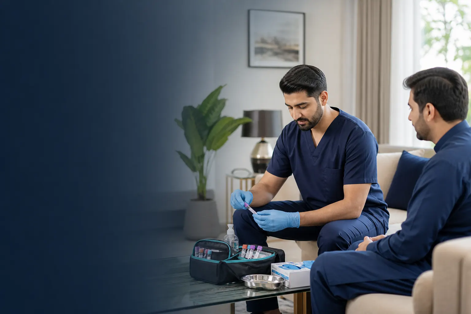 Trained B-LAB phlebotomist preparing a safe sample collection kit during a home visit